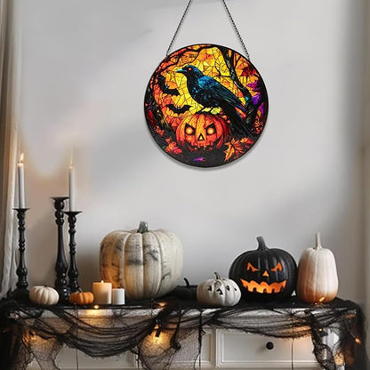 Stained Glass Window Hanging, Halloween Decorations Evil Crow Pumpkin Maple Leaf Suncatcher for Doors Garden Indoor Funny Spooky Sun Catchers Gothic Decor for Women, Men, and Mom 7.8 in
