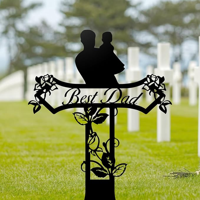 Rustic Metal Cross Memorial Stake, Mom Dad Grave Site Decorations Artificial Flowers for Cemetery, Ideal for Yard, Garden, Lawn & Tombstone, Cemetery Decorations for Grave (Dad)