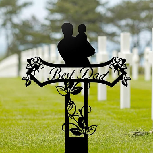 Rustic Metal Cross Memorial Stake, Mom Dad Grave Site Decorations Artificial Flowers for Cemetery, Ideal for Yard, Garden, Lawn & Tombstone, Cemetery Decorations for Grave (Dad)