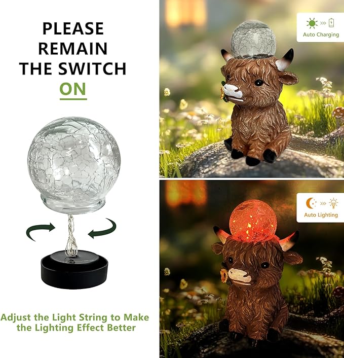 HONGLAND Solar Highland Cow Outdoor Garden Statues, Outside Decor with Color Changing Lights for Yard Lawn Ornaments Porch Patio Balcony Home Farmhouse, Birthday Gifts for Grandma Mom Women