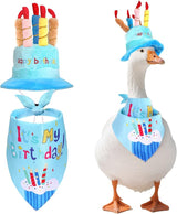 Happy Birthday Porch Goose Outfits with Birthday Cake Hat and Bandana for 17" 23" Cement Lawn Goose Statue Costume for Luau Party Outdoor Garden Yard Decor (Blue)