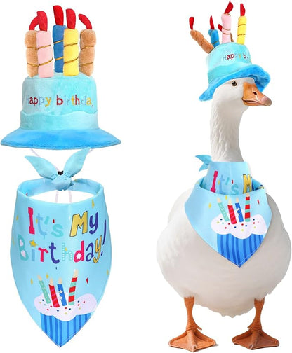 Happy Birthday Porch Goose Outfits with Birthday Cake Hat and Bandana for 17" 23" Cement Lawn Goose Statue Costume for Luau Party Outdoor Garden Yard Decor (Blue)