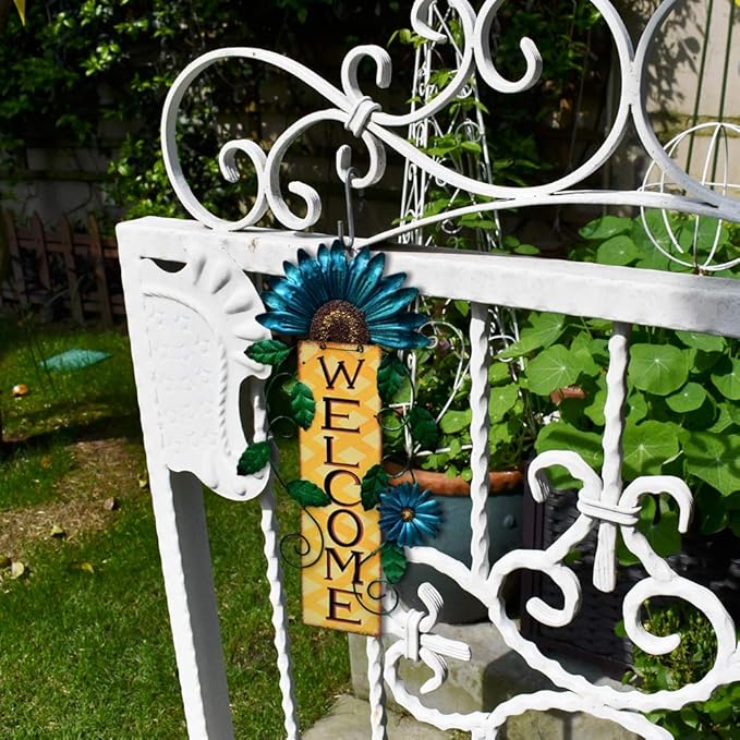 Attraction Design Welcome Sign for Front Door Decor Hanging Sign, Metal Flower Welcome Door Sign Wall Art Decor Hanging for Indoor Outdoor Patio Garden Yard Sign Porch Decoration 15.25X8.5In (C)