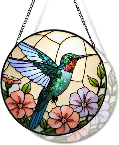 Hummingbird Stained Glass Suncather for Window Hanging, 9'' Hummingbird Ornament Gift for Women, Nature-Inspired Wall Art Home Decor Gifts for Mom, Grandma (Green Bird, 9'')