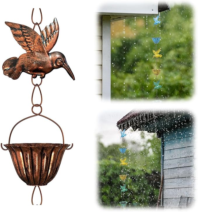 Rain Chains for Gutters, 7.87Ft Hummingbird and Cup Rain Chains for Gutters, Adjustable Rain Chimes for Outside Replacement Downspout for Gutters Eaves Drainage, Copper