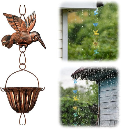 Rain Chains for Gutters, 7.87Ft Hummingbird and Cup Rain Chains for Gutters, Adjustable Rain Chimes for Outside Replacement Downspout for Gutters Eaves Drainage, Copper