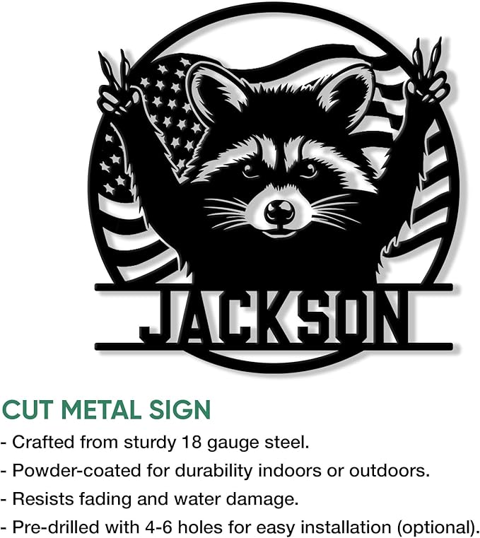 Personalized Raccoon Metal Sign, Raccoon Hanging Sign Outdoor Porch Welcome, Custom Name, Wall Fence Yard Patio Home Office Decor Gift Birthday
