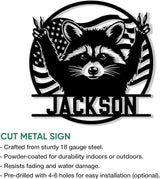 Personalized Raccoon Metal Sign, Raccoon Hanging Sign Outdoor Porch Welcome, Custom Name, Wall Fence Yard Patio Home Office Decor Gift Birthday