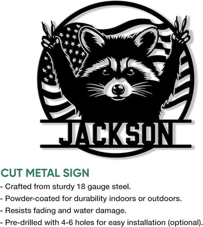 Personalized Raccoon Metal Sign, Raccoon Hanging Sign Outdoor Porch Welcome, Custom Name, Wall Fence Yard Patio Home Office Decor Gift Birthday