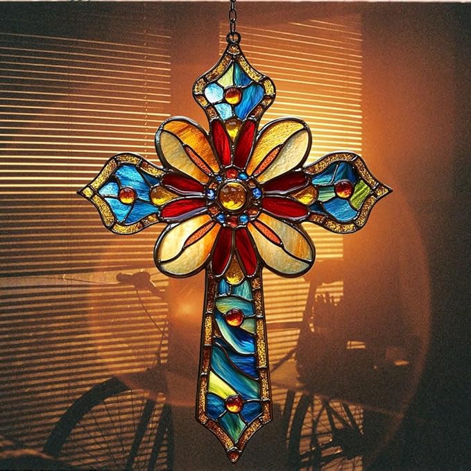 Christian Cross Acrylic Suncatcher Stained Glass Effect Window Car Hanging Christmas Ornament Indoor Outdoor Decor Garden Memorial Sun Catcher for Family Christmas Jesus Gift for Women Mom Grandma