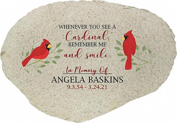 GiftsForYouNow Remember Me Cardinals Personalized Memorial Garden Stone, Flat UV Resin Stone, Measures 6" W x 4.5" H, Red Cardinal Memorial, Temporary Headstone