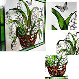 8'' Lily of The Valley and Butterflies Stained Glass Panel Suncatcher Window Hanging – Square Decorative Art for Home, Office, and Garden – Handcrafted Real Glass with Metal Frame