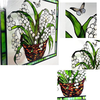 8'' Lily of The Valley and Butterflies Stained Glass Panel Suncatcher Window Hanging – Square Decorative Art for Home, Office, and Garden – Handcrafted Real Glass with Metal Frame