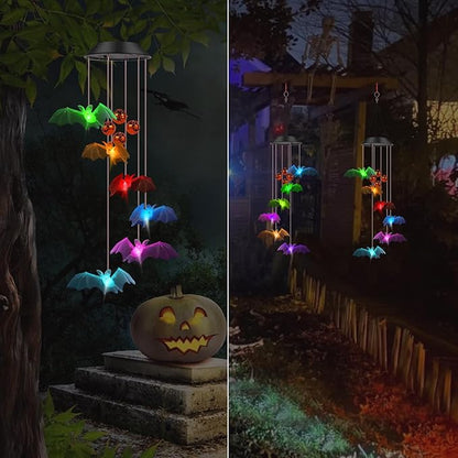 Bat Solar Lights Wind Chimes for Outside Garden Decoration, Color Changing Halloween Lights Wind Chimes with Pumpkin Bells, Bat Solar Chimes Outdoor Waterproof for Garden Patio Yard Porch Party Decor