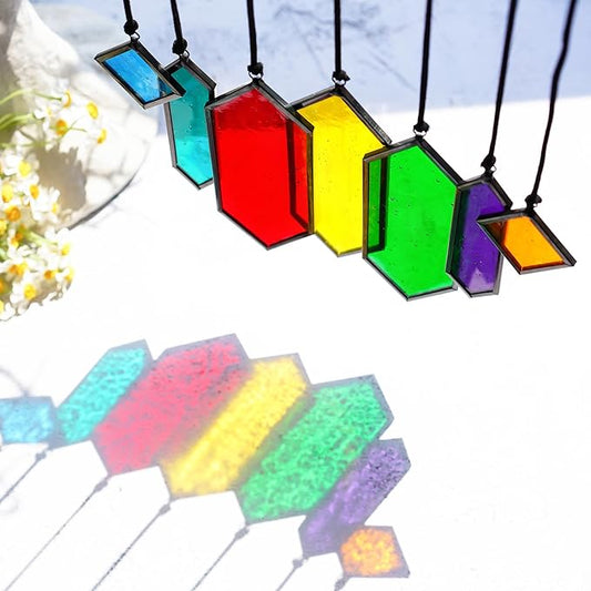 HDCRYSTALGIFTS Set 7 Sun Catchers Stained Glass Decor Gift,Stained Glass Window Hanging Suncatchers with Hooks Rainbow Maker Home Garden Glass Ornaments for Christmas Tree