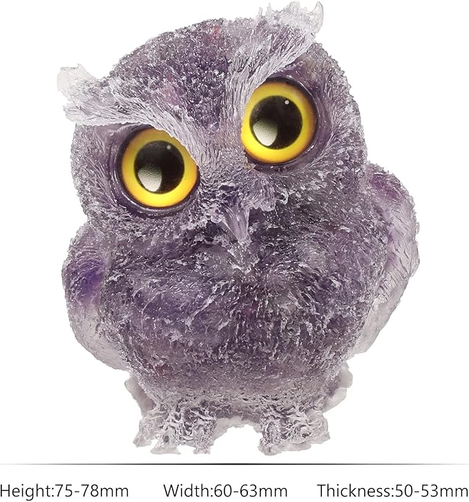Nupuyai 3 inches Orgone Resin Crystal Chips Tumbled Stone Owl Statue, Mini Hand Carved Stone Crystal Animal Figurines for Tabletop Indoor Outdoor, Amethyst