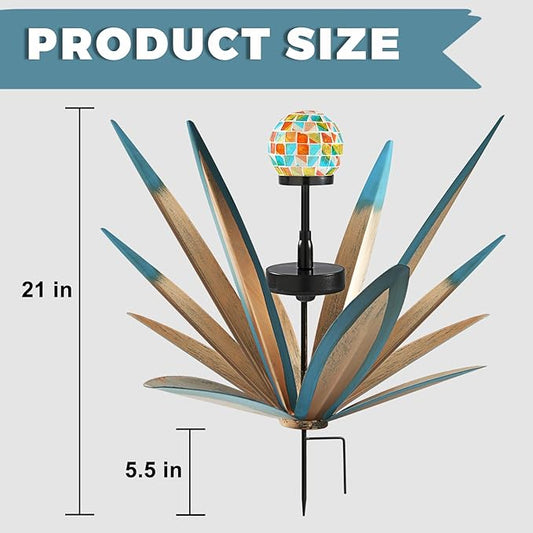 TOMBABY Solar Rustic Garden Style Metal Agave Plants Outdoor Patio, Home Decor Hand-Painted Metal Agave Garden Patio Statues, Suitable for Desert Areas, Outdoor Lawn Decorations (3 Solar Blue)