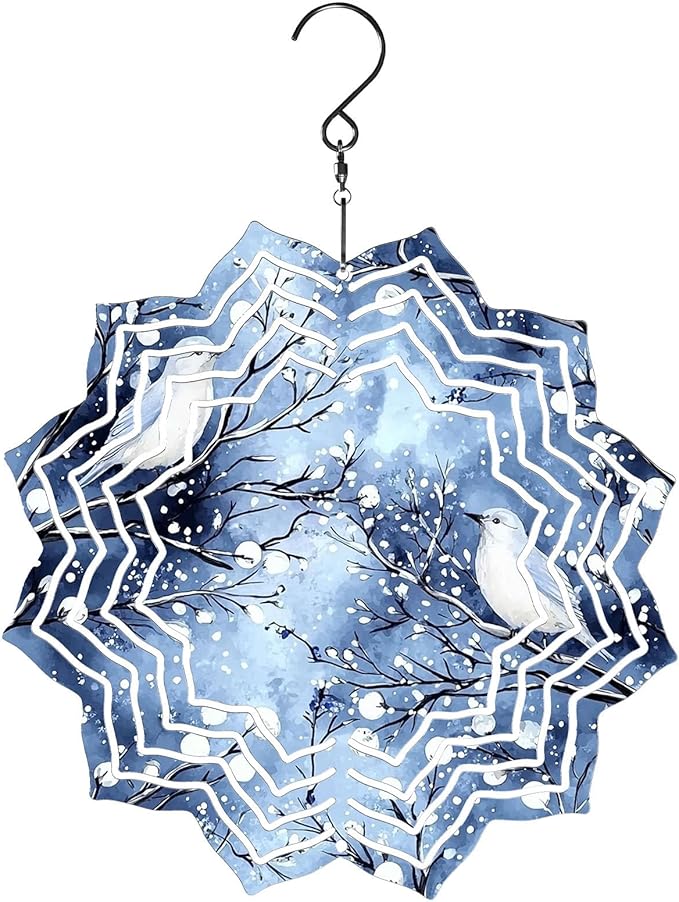 8 Inch Sublimation Wind Spinner, 3D Aluminum Metal Wind Spinner with Hook, Indoor Yard Garden Hanging Decoration, Weather Resistant Rotating Spiral Ornament, Winter Birds on Branches
