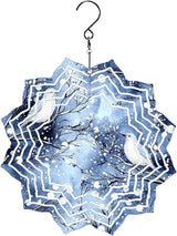 8 Inch Sublimation Wind Spinner, 3D Aluminum Metal Wind Spinner with Hook, Indoor Yard Garden Hanging Decoration, Weather Resistant Rotating Spiral Ornament, Winter Birds on Branches