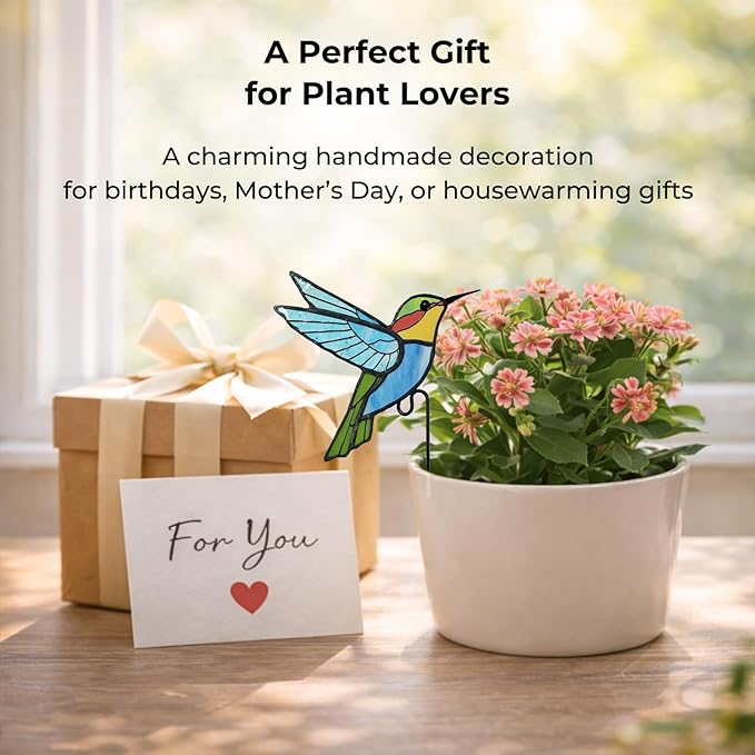 Hummingbird Stained Glass Plant Pot Suncatcher - Handmade Real Glass Flower Pot Ornament for Planters - Indoor Outdoor Garden Décor - Thoughtful Gift for Women, Mom & Bird Lovers