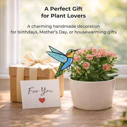 Hummingbird Stained Glass Plant Pot Suncatcher - Handmade Real Glass Flower Pot Ornament for Planters - Indoor Outdoor Garden Décor - Thoughtful Gift for Women, Mom & Bird Lovers