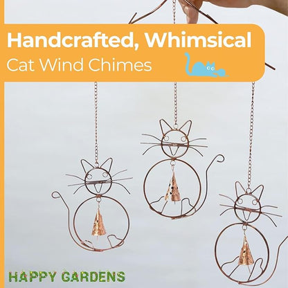 Happy Gardens Cat Wind Chimes with Three Bells | Outdoor Gifts for Cat Lovers | Home Decor for Garden and Patio