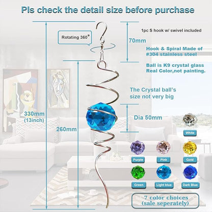 Fonmy Gazing Ball Spiral Tail -Decorative Wind Spinner Sun Catcher Rainbow Maker 11 inch Tail and 2 inch Peacock Blue Crystal Orb. Indoor Outdoor Garden Decoration -13 inch Height