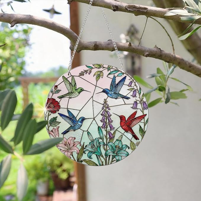 Birds Window Hanging Suncatcher, Decorative Suncatchers Window Wall Art, Wildflower Hummingbird Sun-Catchers for Windows Doors Home Decoration, Housewarming, Festival, Birthday Gift for Women