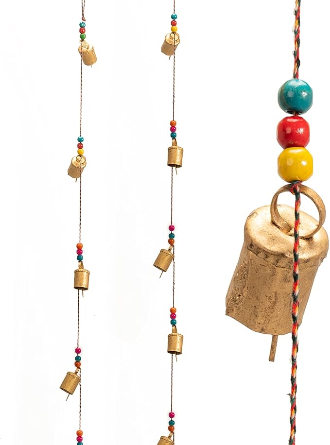 Set of 2 Rustic Vintage Bell hangings for Home Decor Wall Door Christmas New Year Decoration Garden - 5 Handmade Bells in a String with Beads. Wind Chime Bell Chime Cow Cat Cattle Bells Gifting