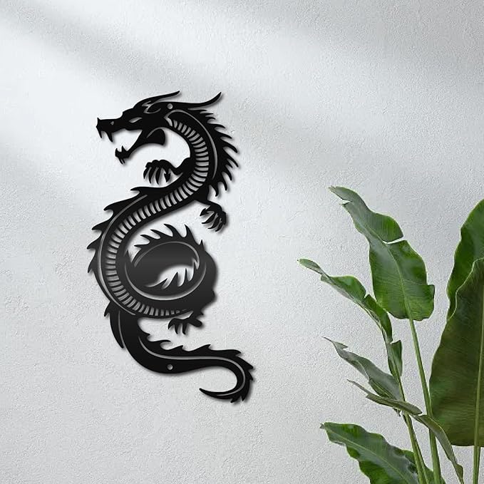 CREATCABIN Dragon Metal Wall Decor Black Iron Wall Art Japanese Chinese Dragon Sculpture Hanging Artwork Decor Gothic Signs Decoration for Indoor Outside Living Room Home Office 11.8x6.3Inch