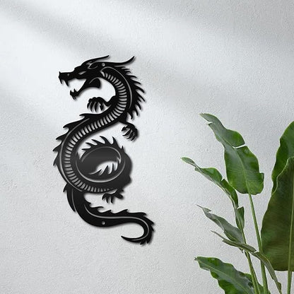 CREATCABIN Dragon Metal Wall Decor Black Iron Wall Art Japanese Chinese Dragon Sculpture Hanging Artwork Decor Gothic Signs Decoration for Indoor Outside Living Room Home Office 11.8x6.3Inch