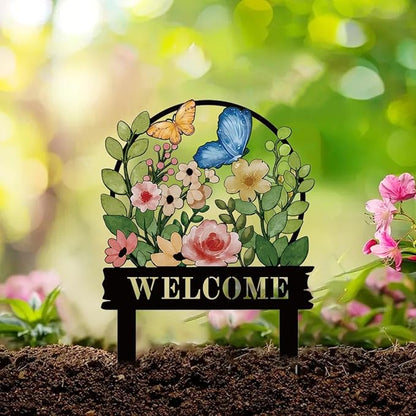 Decorative Garden Stakes, Welcome Yard Sign, Metal Arrangement Ornaments for Courtyard Lawn, Rusty Outdoor Decortions for Easter Housewarming (B)