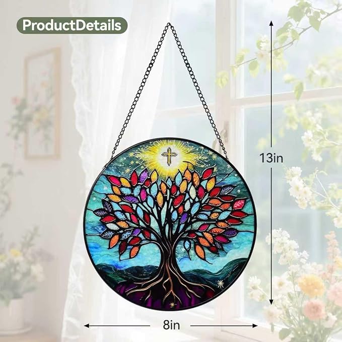 Stained Glass Window Hanging Tree of Life Sun Catcher Indoor, Window Garden Decor Art, Stained Glass Suncathers, Christian Gifts for Women,Mom, Grandma,Friends and Wife Gifts 7.8’’ Blue