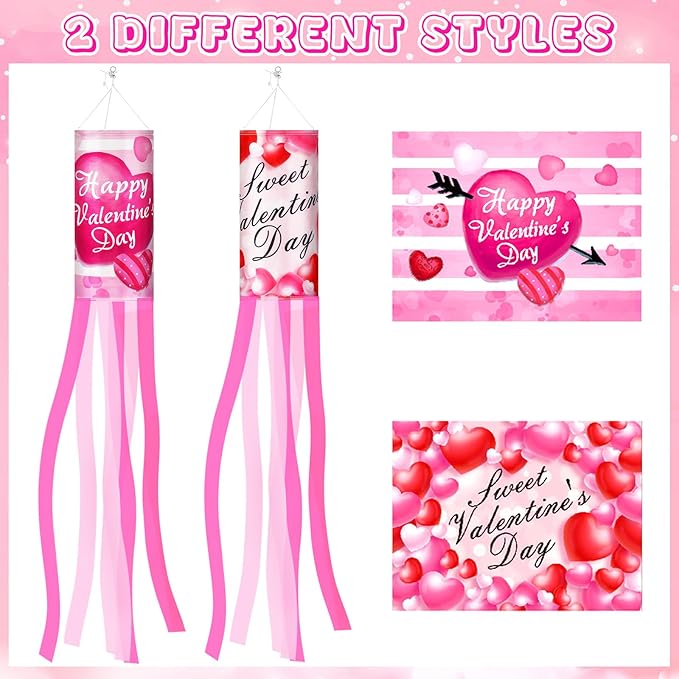 NOVWANG 2 Pieces 40 Inches Valentine's Day Windsock, Valentine Hearts Windsocks Outdoor Hanging Wind Sock for Wedding Anniversary Home Party Yard Garden Patio Decoration