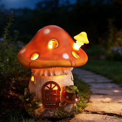 Mushroom Solar Lights Outdoor Decor：Fairy Garden House Outside Decorations Yard Art Resin Led Cute Statue Lawn Ornament Frog Figurines Gift for Housewarming Gardener Birthday
