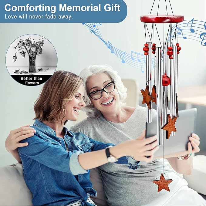 Star Wind Chimes Outdoor Outside Decor for Patio Porch Garden Memorial and Sympathy Windchime Silver