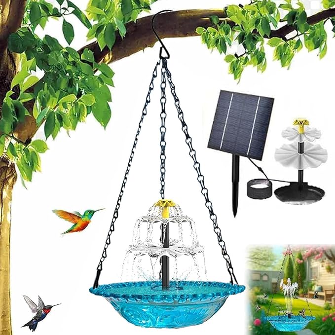 Solar Powered Hanging Bird Bath Fountain, Hanging Bird Bath Fountains Solar Power, Solar Cascade Hanging Birdbath, Tiered Cascade Solar Water Fountains (A Style Blue)