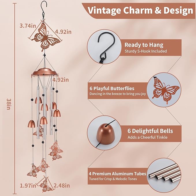 Butterfly Wind Chimes for Outside, Metal Aluminum Wind Chime, Memorial Gifts for Women Mom, Outdoor Garden Yard Decor
