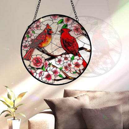 Remiawy Cardinal Stained Glass Window Hanging, 6 Inch Sun Catcher Glass Panel with Metal Chain and Hooks Suncatcher Indoor Window Wall Art Home Decor Gift for Bird Lovers Women Mother's Day Christmas