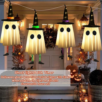 Set of 4 Halloween Hanging Ghosts, Halloween Decorations Outdoor Hanging Ghosts with Witch Hat,Glowing Ghost Witch Hat Lights, Light up Ghost Decor for Yard Patio Garden Tree Outside(4 Ghost Lighted)