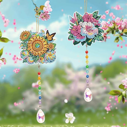 MVVMTOP 2pcs Diamond Art Painting Wind Chime with Crystal Pendant, DIY Flowers Double-Sided Design Special Shape Acrylic Crystal Diamond Ornament, Home Window Garden Hanging Pendant Decoration