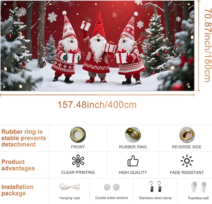 IVN Christmas Garage Door Cover Decoration 13x6ft Three Santas Gnome Red Gift Tree Snowy Trees Merry Christmas Garage Door Banner Home Door Front Yard Decor for Xmas Eve Holiday Outdoor