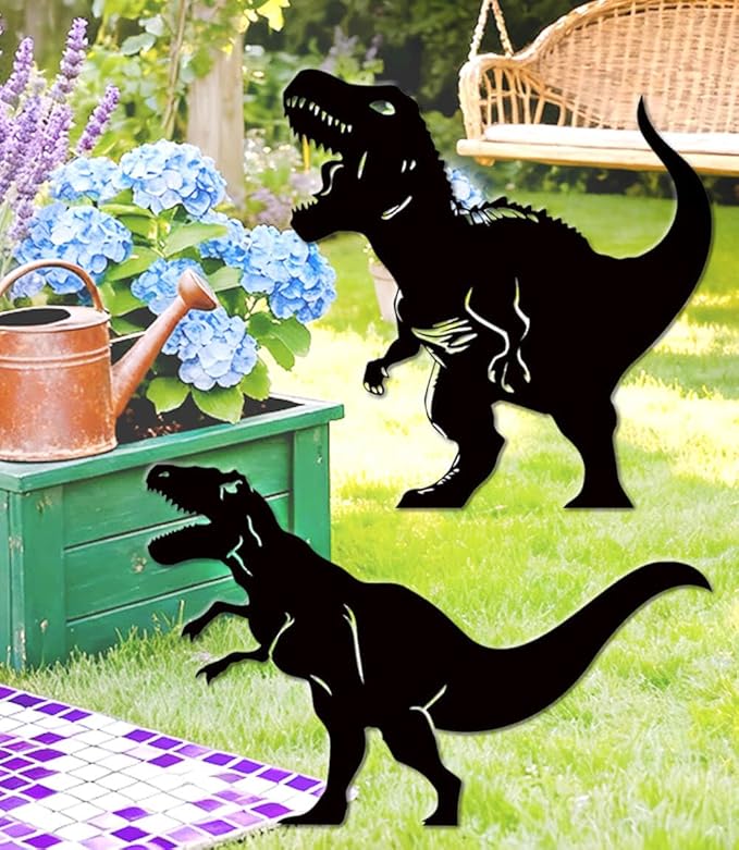 Large 14.56" Metal Garden Decor, 2 Pack Weather-Proof Dinosaur Statue, Dino Silhouette Garden Sculptures & Statues Stakes for Outdoor Lawn, Patio, Flower Beds, Ideal Gardening & Country Gifts