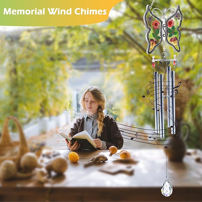 KY&BOSAM Big Butterfly Wind Chime with Crystal Sympathy Wind Spinner Memorial Wind Chime for Loss of Loved One Bereavement Sympathy Memorial Gift for Loss of Mother Father Home Garden Decor