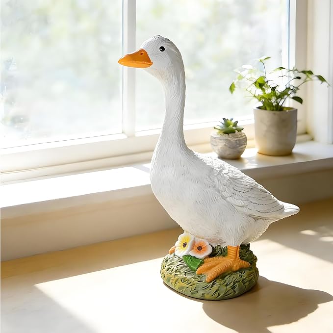 Garden Outdoor Decor Goose Flower Statue, 9.5 Inch Goose Figurines Garden Statues & Sculpture Decor for Patio, Porch and Lawn, Goose Memorial Stone