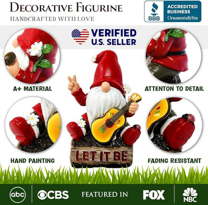 OrnamentallyYou Hippy Gnome with Guitar Garden Statue, Unique Flowers and Peace Sign