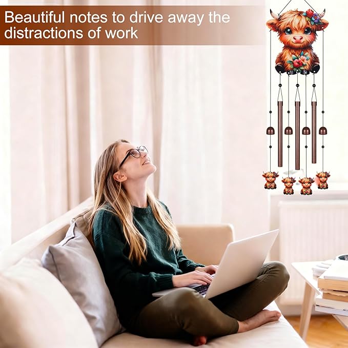 Gifts for Mom, Wind Chimes for Outside Perfect for Outdoor Gardens Patios Home Decor, Features Melodious Tones Create a Zen Atmosphere, Retirement Gifts for Women Men(Colorful Highland Cow