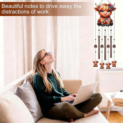 Gifts for Mom, Wind Chimes for Outside Perfect for Outdoor Gardens Patios Home Decor, Features Melodious Tones Create a Zen Atmosphere, Retirement Gifts for Women Men(Colorful Highland Cow