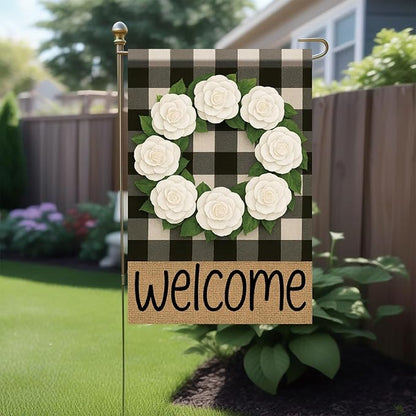 Buffalo Plaid Welcome Wreath Garden Flag White Camellia Flower Flag 12x 18 Inch Double Sided Spring Outdoor Fall Autumn Farmhouse Outdoor Small Decor for Porch Lawn Patio Yard