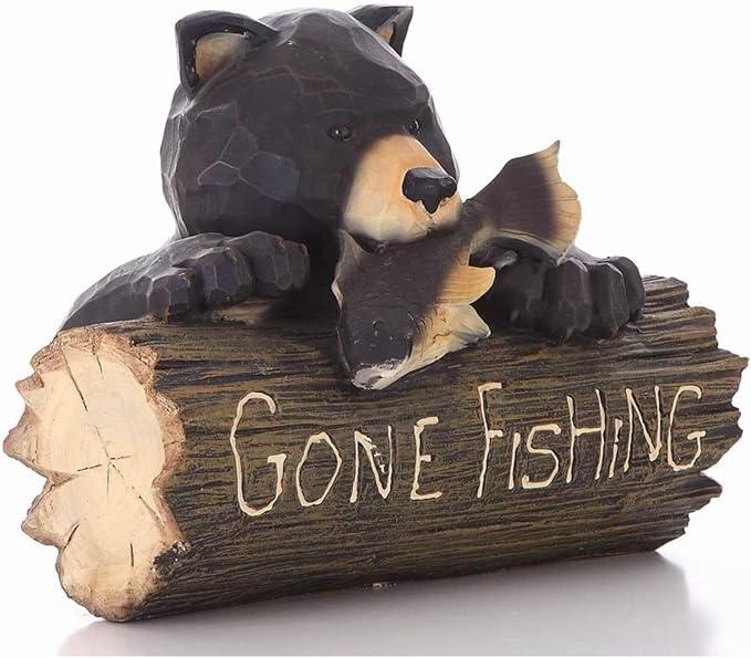 HI-LINE Bear with Gone Fishing Sign Outdoor Garden Statue - 12.25" - Black